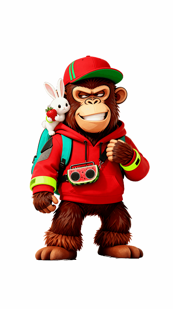 Cartoon chimp in a red hoodie and cap with neon-green trim, wearing a teal backpack and a watermelon-patterned speaker, with a white rabbit perched on its shoulder holding a strawberry.