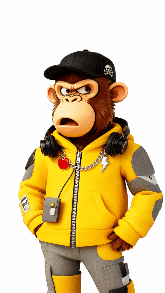 A cartoon monkey wearing a bright yellow hooded jacket with gray elbow patches and gray cargo pants, a black cap with a skull emblem, large black headphones around its neck, and a silver chain with a red apple charm and a lightning bolt pendant, standing with hands on hips against a black background.