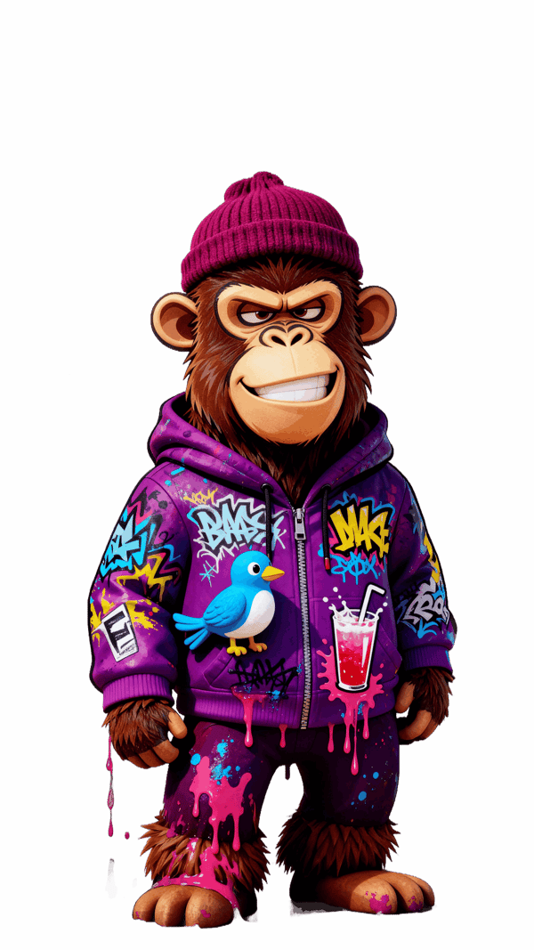 Cartoon monkey wearing a purple graffiti-styled hoodie and matching pants with pink paint splatters, a magenta knit cap, and a bright blue bird perched on its hoodie, set against a black background.