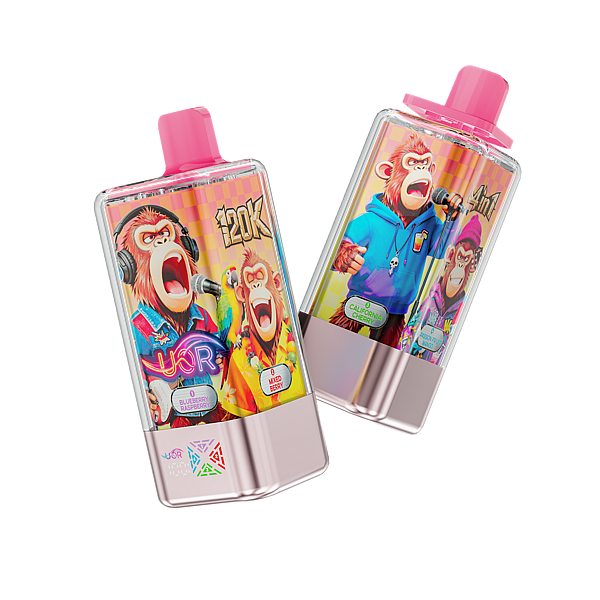Two disposable vape devices with pink tops and silver bases lean at an angle against a black background, featuring bright cartoon monkey artwork and multicolored branding.