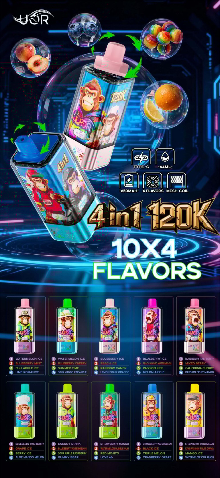 Vibrant advertisement for a monkey-themed vape with two blue and pink devices, bold 4 in 1 120K and 10x4 FLAVORS text, floating fruit bubbles surrounding the devices, and a bottom grid showing 12 flavor bottles.