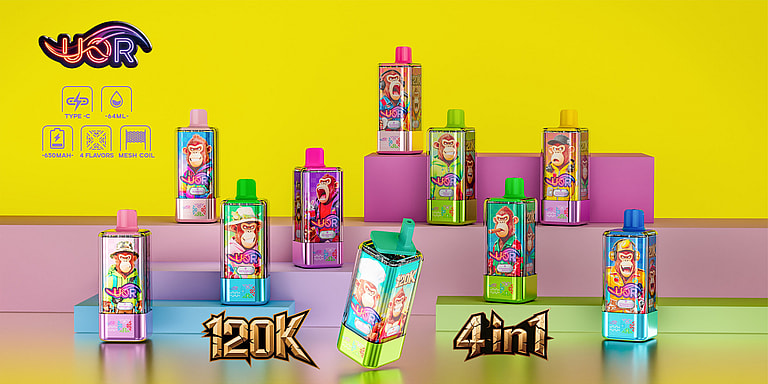 A vivid display of multiple colorful vape bottles with cartoon monkey labels, arranged on pastel blocks against a bright yellow background, with bold '120k' and '4 in 1' graphics in the foreground.