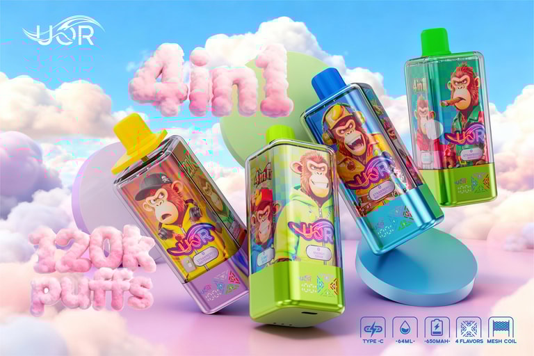 Five colorful monkey-themed pod vape devices with glossy finishes float among pastel clouds in a dreamy sky, arranged in pink, green, blue, and yellow, with product feature icons for Type-C charging, 64 mL capacity, 650 mAh battery, four flavors, and mesh coil visible at the bottom.