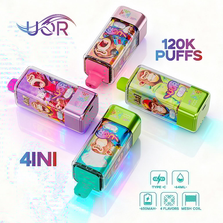 Four colorful rectangular vape pods with cartoon graphics and colored mouthpieces (pink, purple, lime green, and teal) are arranged on a glossy white surface, with 120K PUFFS and 4IN1 branding visible and teal icons indicating Type-C charging, 64 mL capacity, 650 mAh, four flavors, and a mesh coil.