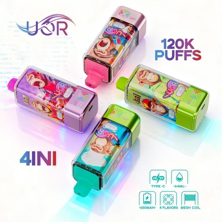 Four colorful rectangular vape pods with cartoon graphics and colored mouthpieces (pink, purple, lime green, and teal) are arranged on a glossy white surface, with 120K PUFFS and 4IN1 branding visible and teal icons indicating Type-C charging, 64 mL capacity, 650 mAh, four flavors, and a mesh coil.